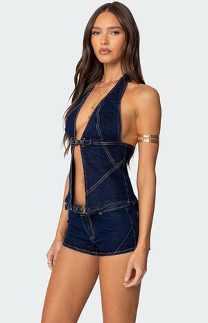 Ciel Split Front Denim Halter Top image number 4