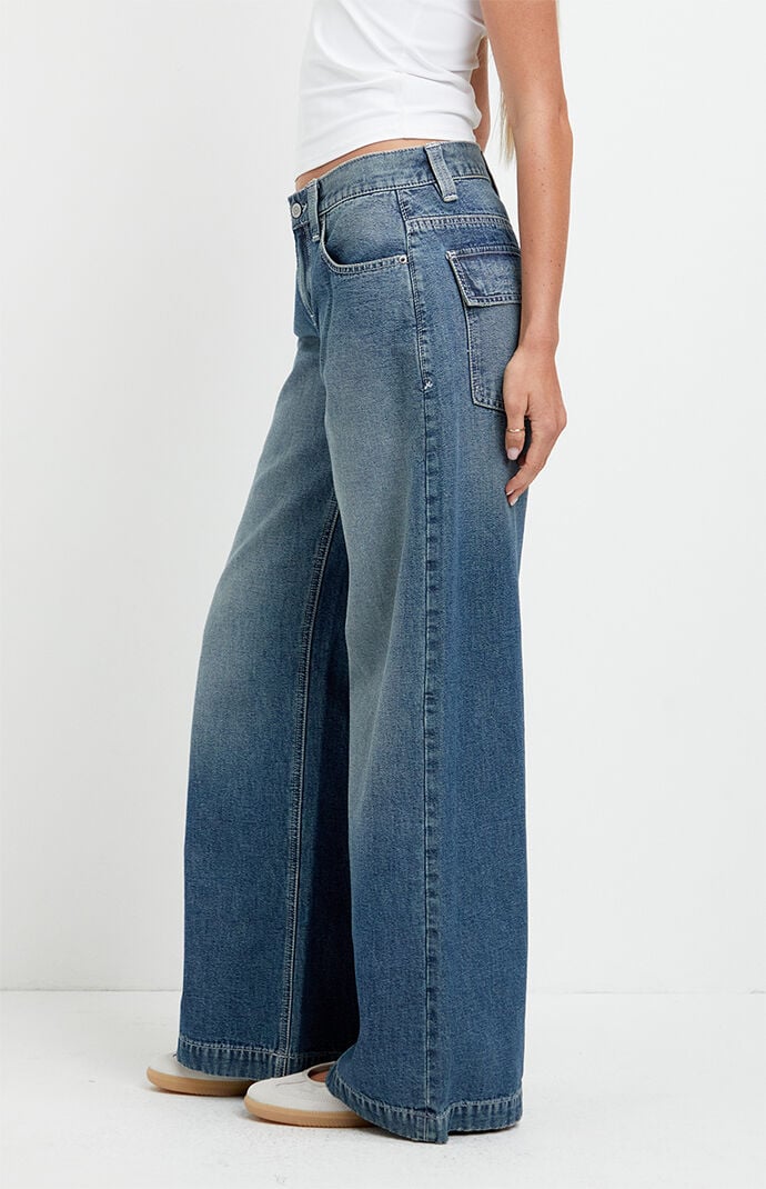 Pacsun Sloane Low Rise Ultra Baggy Jeans Snap-Button Pocket Medium Blue