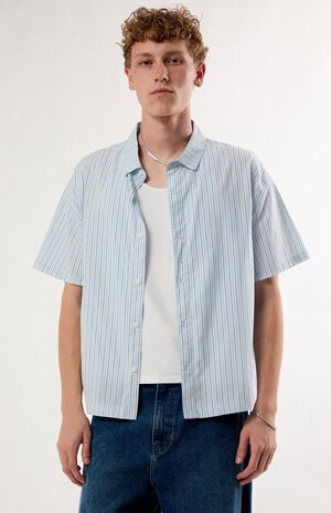 Blue Striped Boxy Short Sleeve Button Down Shirt image number 1