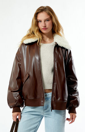 Faux Leather Sherpa Collar Bomber Jacket image number 1
