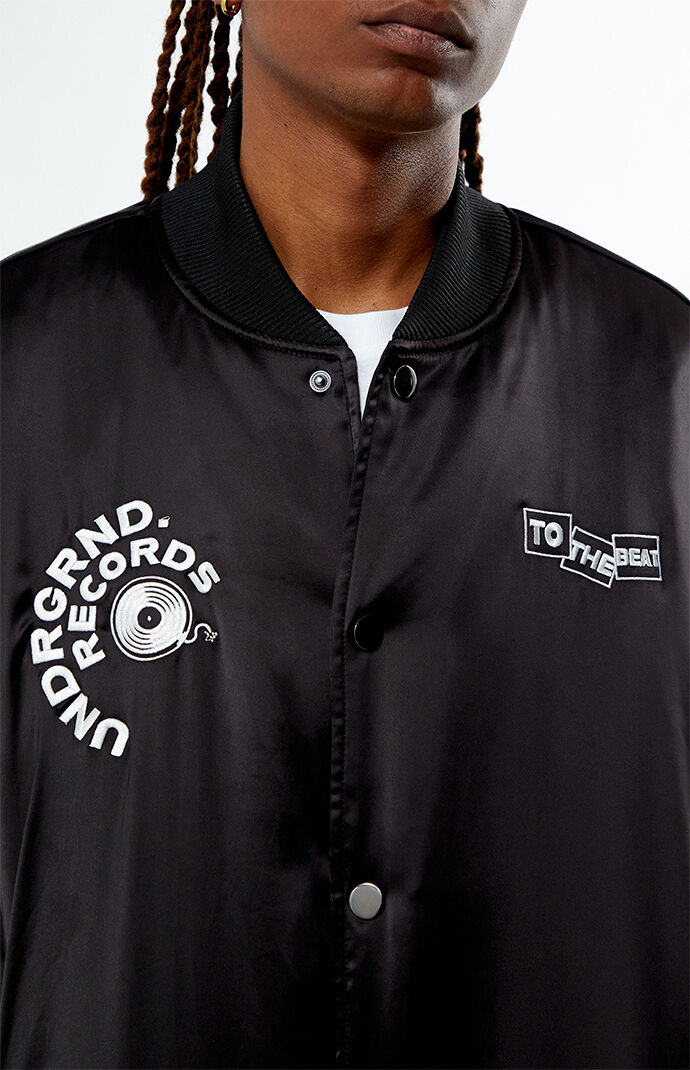 Men s Underground Records Satin Bomber Jacket in Black Size Large