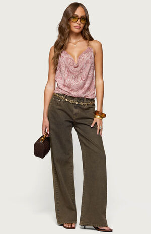 Printed Halter Chain Cowl Neck Top image number 5