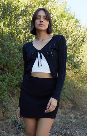 Black&nbsp;Greta Pointelle Long Sleeve Tie Front Top image number 1