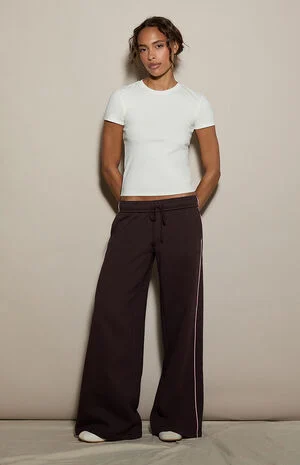 Brown Contrast Piping Ultra Soft Fleece Baggy Sweatpants image number 1