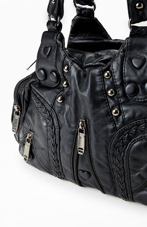 Faux Leather Studded Zip Duffle Shoulder Bag image number 4