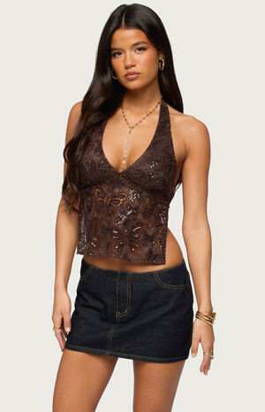 Butterfly Sequin Backless Halter Top image number 1