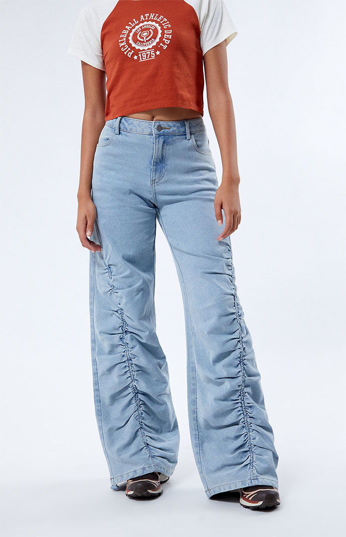 PacSun Light Indigo Ruched Wide Leg Jeans PacSun