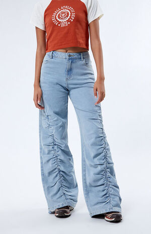 Light Indigo Ruched Wide Leg Jeans image number 3
