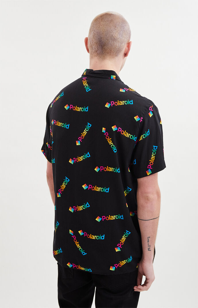 Polaroid Print Short Sleeve Button Up Shirt