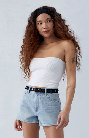 Light Indigo Glittery High Waisted Denim Festival Shorts image number 1