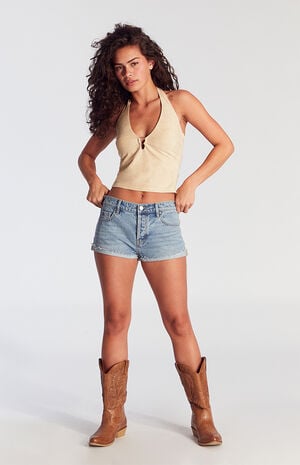 Light Indigo Raw Cut Denim Micro Shorts image number 5