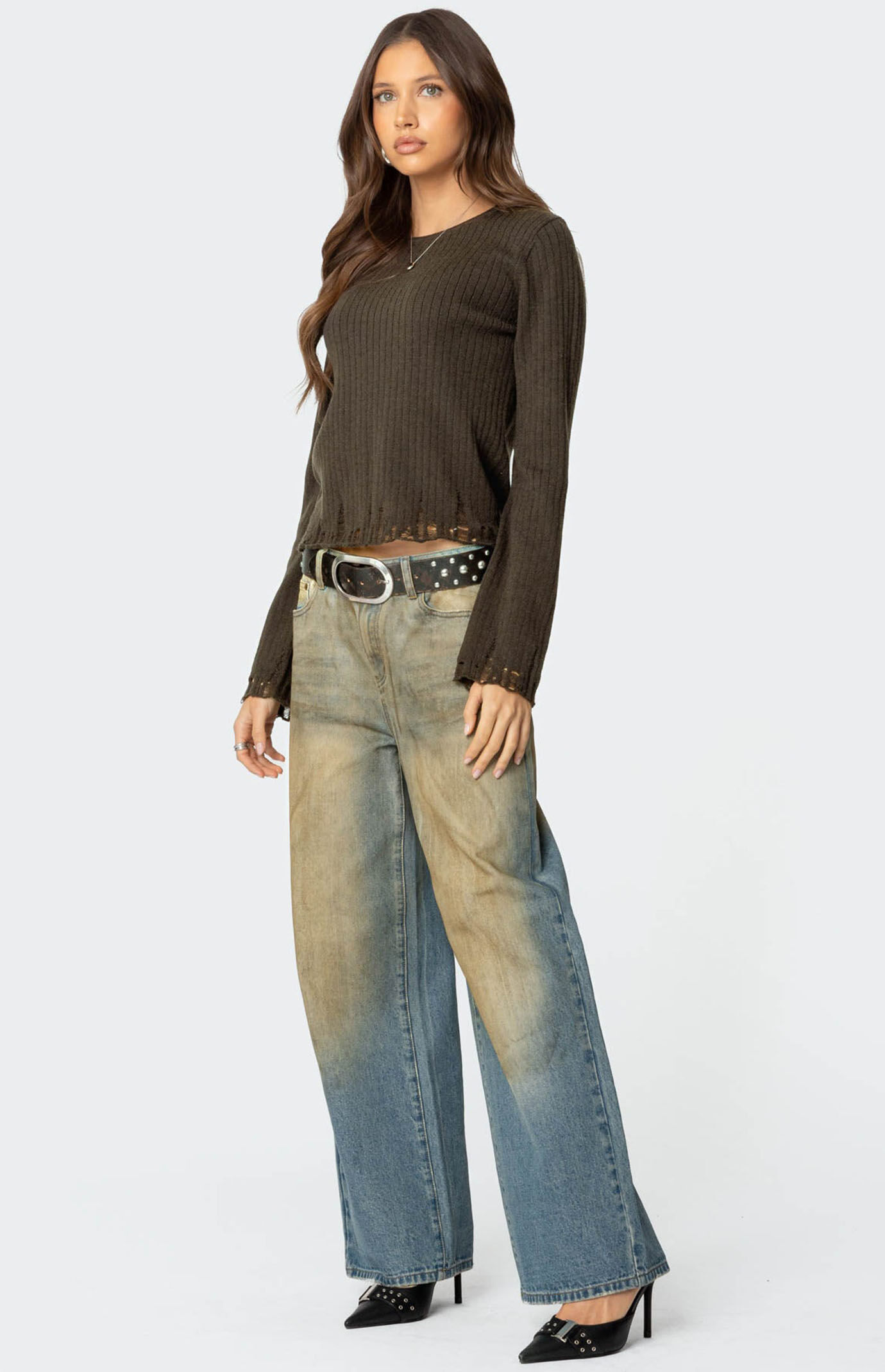 Edikted Distressed Ribbed Knit Sweater