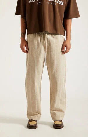 Cream Striped Straight Leg Linen Pants image number 2