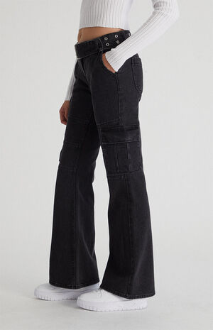 Black Low Rise Cargo Flare Jeans image number 3