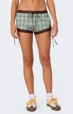 Lavish Lace Trim Plaid Shorts image number 2