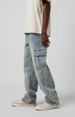 Light Indigo Frayed Baggy Cargo Jeans