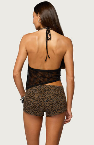 Asymmetric Fringe Sheer Lace Halter Top image number 3