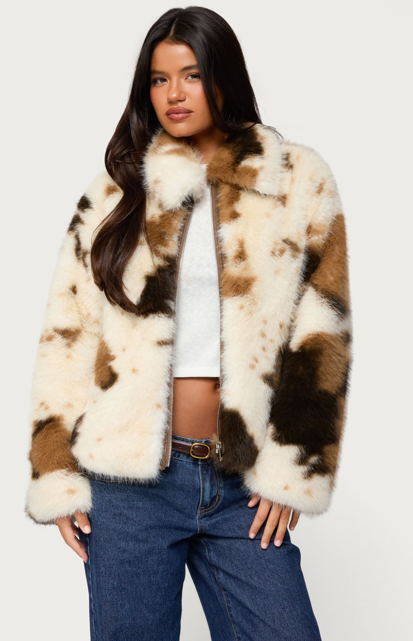 Edikted Rayan Cow Print Faux Fur Jacket