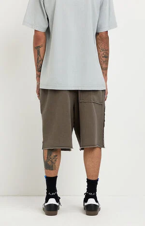 Washed Brown Fleece Raw Baggy Sweat Shorts image number 4