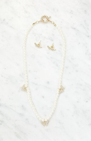 Pearl Butterfly Earrings & Necklace Bundle image number 3