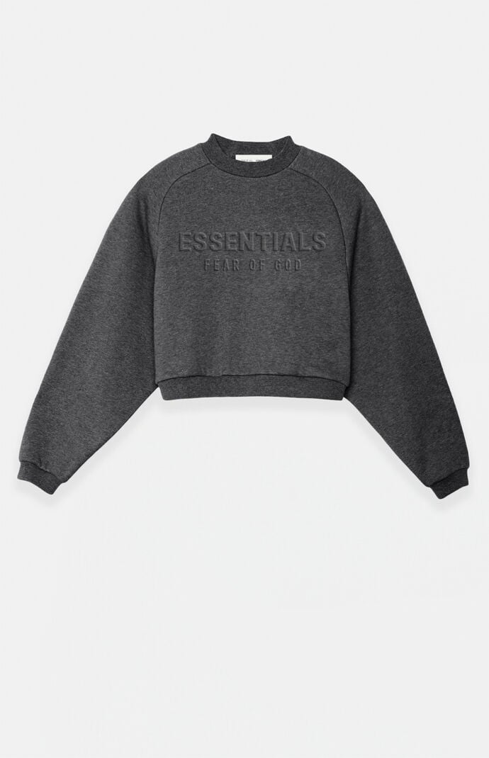 Fear of God ESSENTIALS Women's Charcoal Heather '90s Embossed Raglan Cropped Crew Neck Sweatshirt