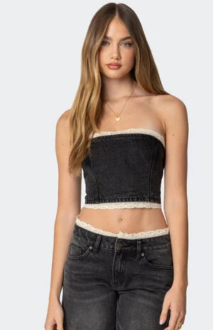 Karlie Lace Trim Denim Tube Top image number 1