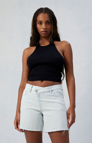 Eco Light Indigo Asymmetrical High Waisted Relaxed Jorts image number 1
