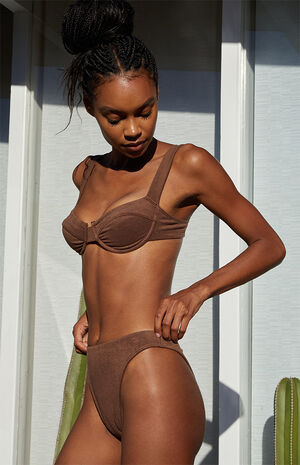 Brown Penny Terry High Waisted Bikini Bottom image number 3