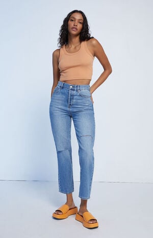 Eco Medium Blue Ripped High Waisted Straight Leg Jeans image number 1
