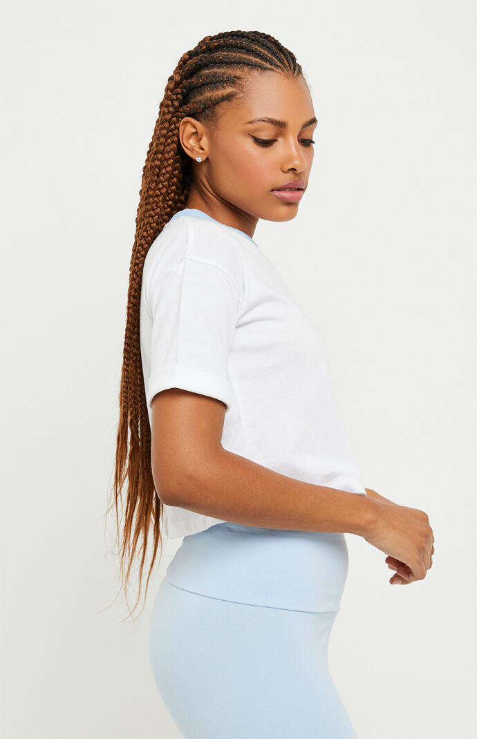 White & Light Blue Cropped Ringer T-Shirt