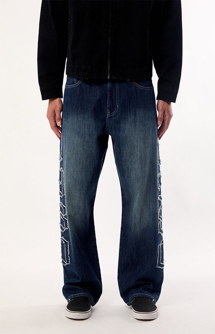 Pacsun Dylan Baggy Jeans Frayed 1980 Applique Dark Blue | Pacsun Pacsun Dylan Baggy Jeans Frayed 1980 Applique Dark Blue | Pacsun