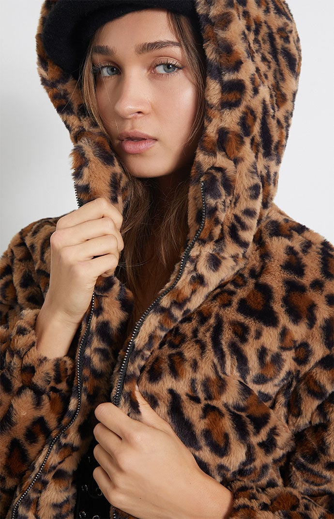 Leopard fur coat with hood cheap