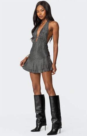 Metallic Backless Halter Mini Dress image number 2