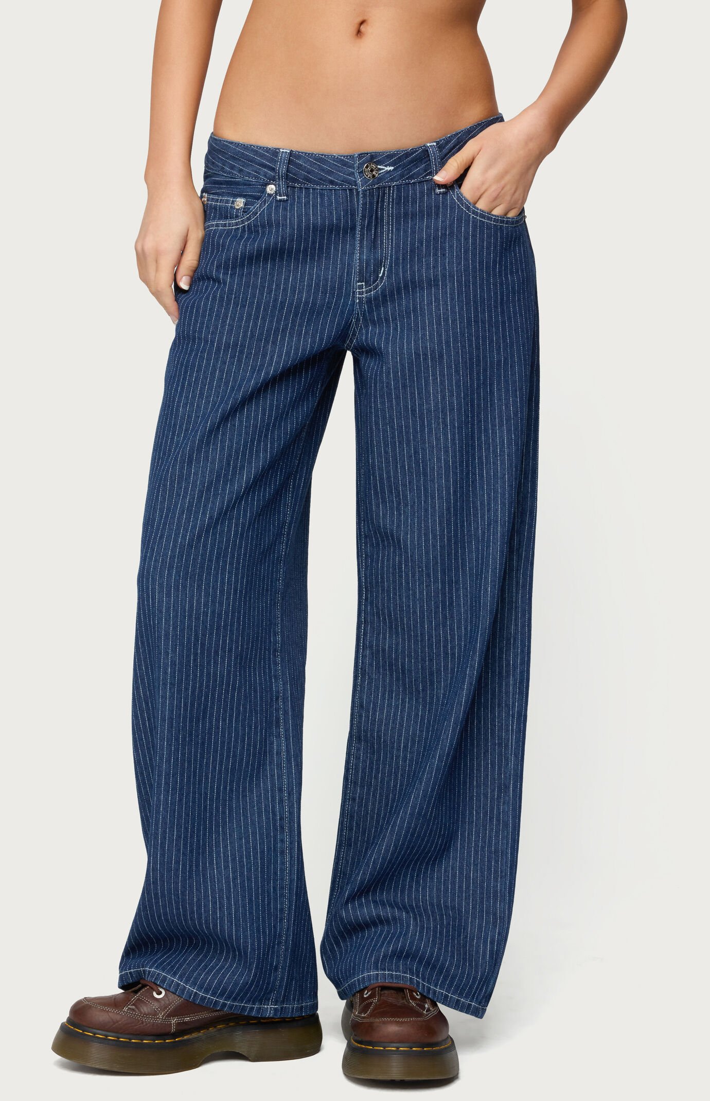 Edikted Petite Pinstripe Low Rise Baggy Jeans
