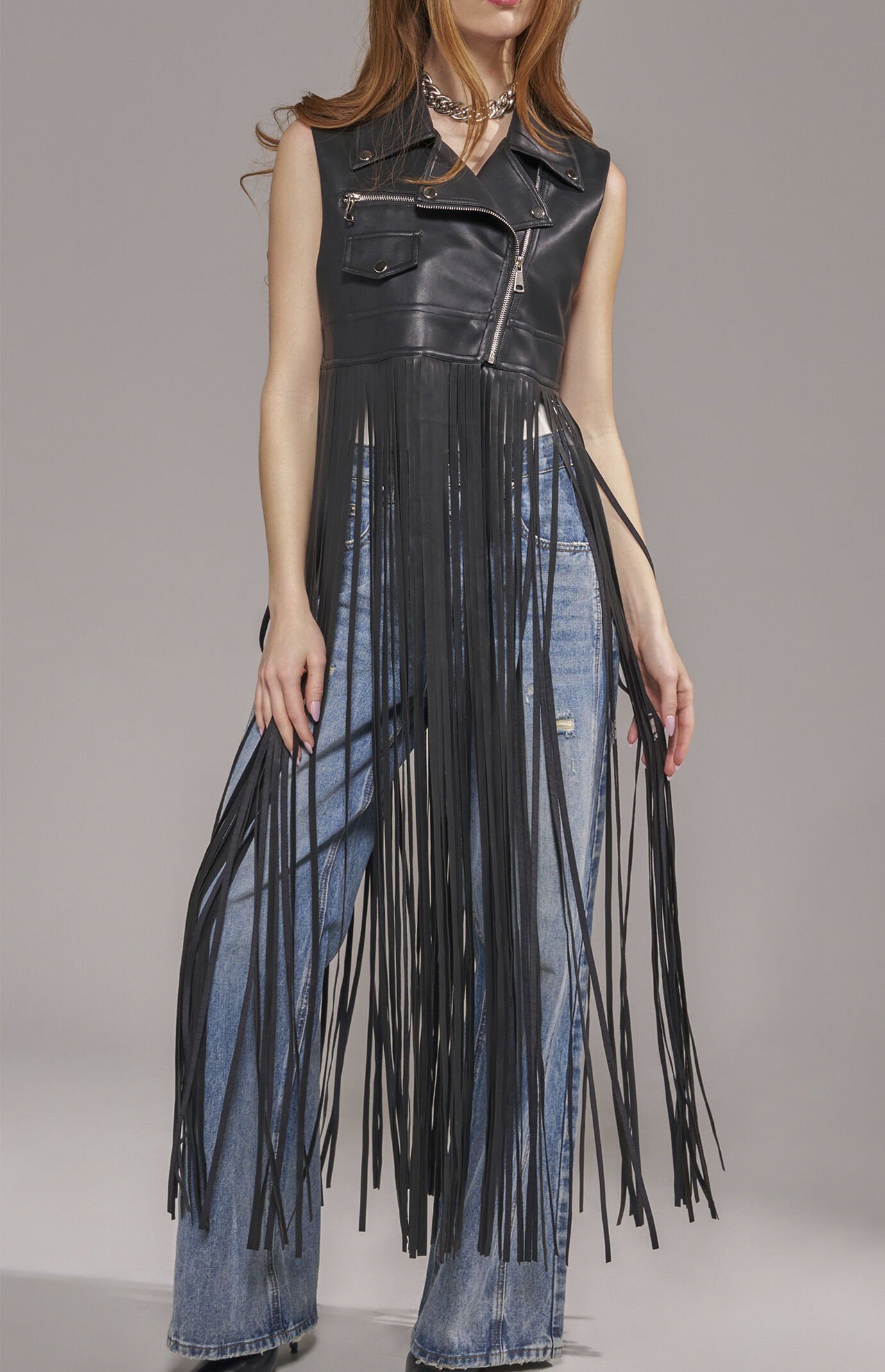 AZALEA WANG Arden Faux Leather Fringe Moto Vest