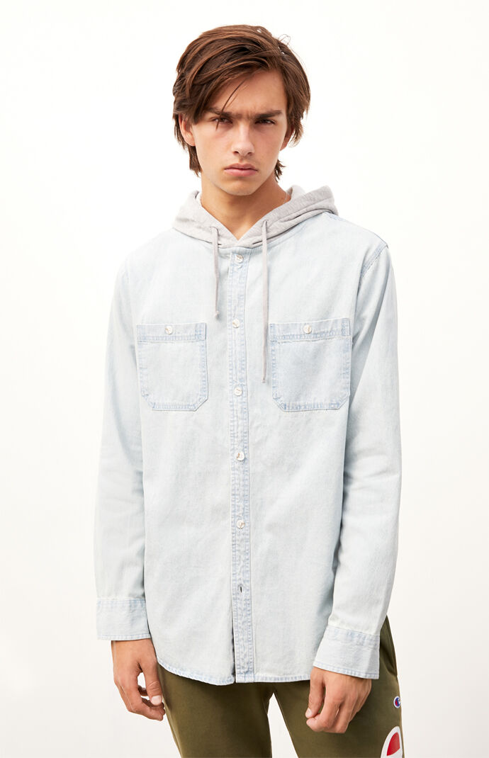 Hooded Denim Long Sleeve Button Up Shirt