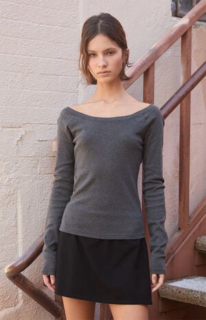 Gray Off-The-Shoulder Long Sleeve Top image number 2