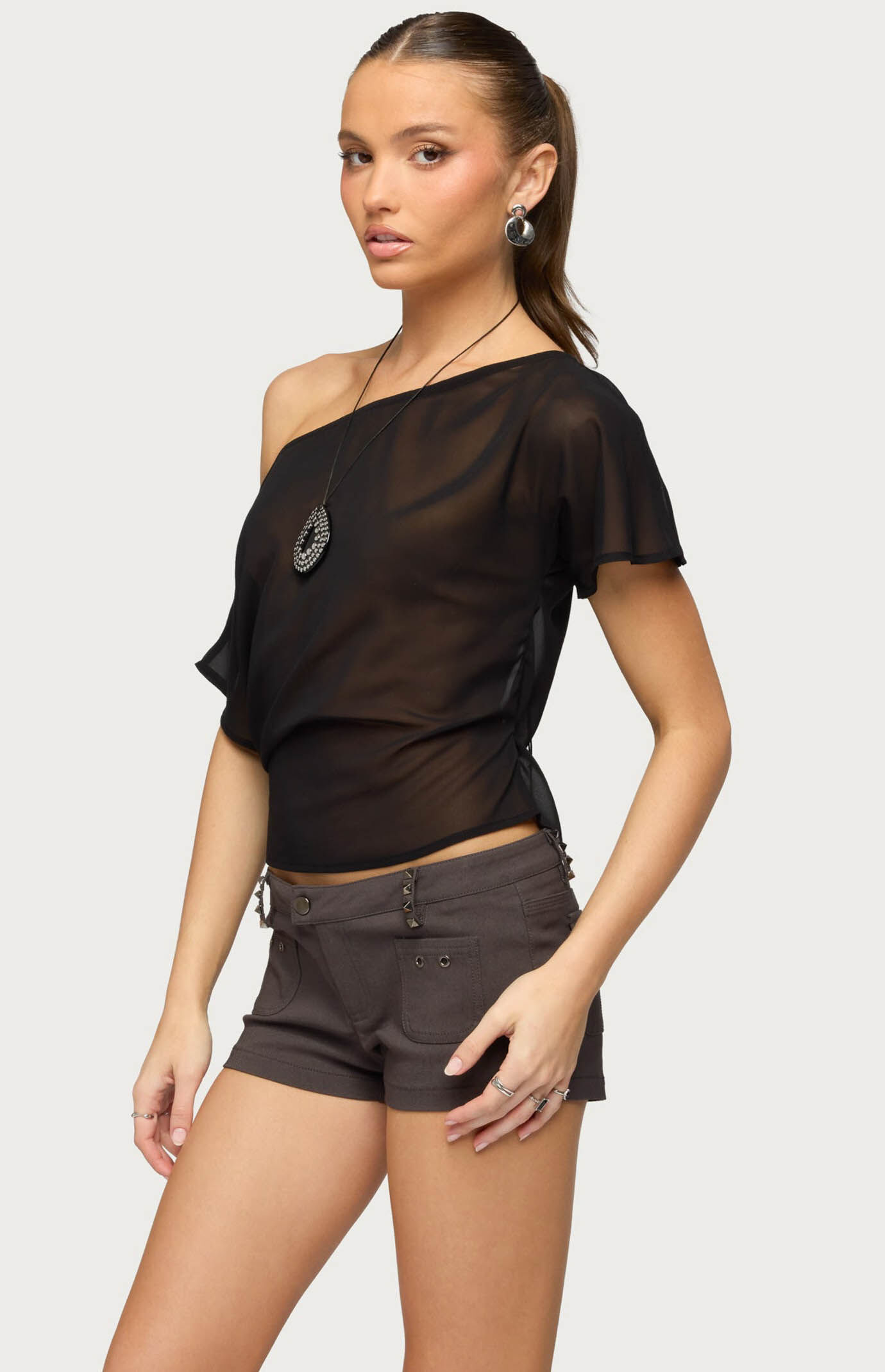 Edikted Noria Sheer Chiffon Off Shoulder Top