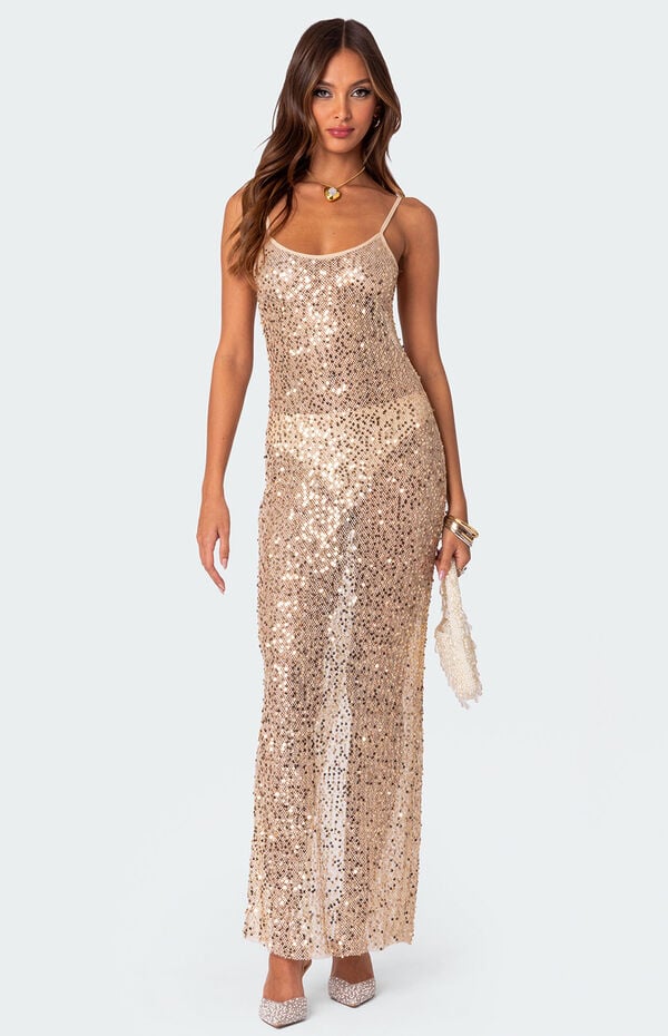 Women's Sequin Sheer Mesh Maxi Dress - Gold