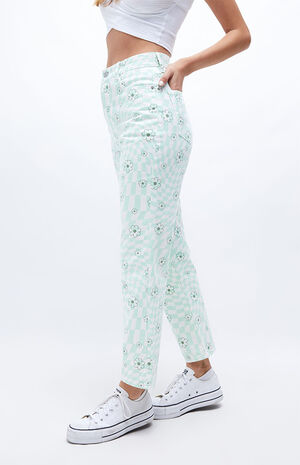 Eco Green Checkerboard Flower High Waisted Straight Leg Jeans image number 3