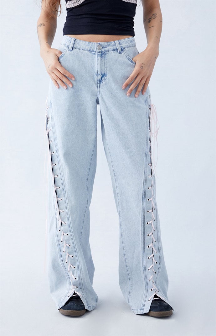 Pacsun Light Indigo Bow Ribbon Lace Up Low Rise Baggy Jeans | Pacsun