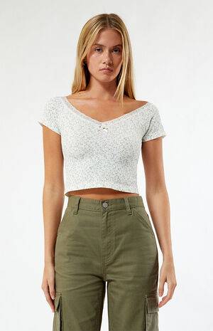 Lace V-Neck Off-The-Shoulder Top image number 1
