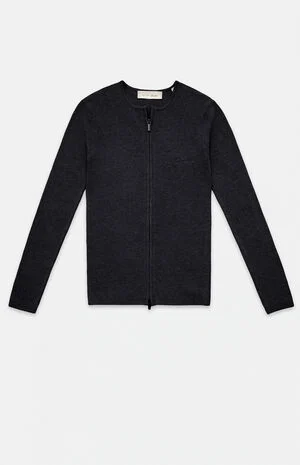 Women's Vintage Black Signature Ribbed Knit Long Sleeve Zip Up Top image number 1