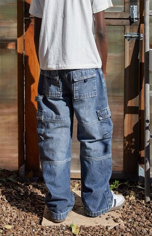 Paneled Baggy Cargo Jeans Medium Blue image number 4