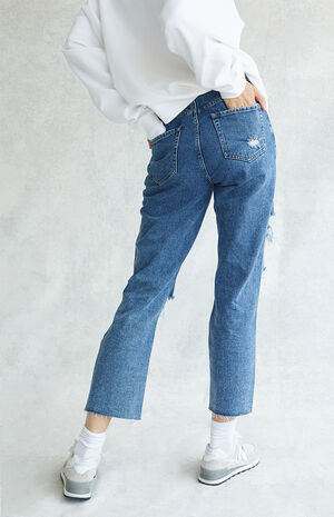 Medium Blue Distressed High Waisted Straight Leg Jeans image number 3