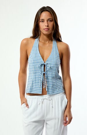 Gingham Louise Tie Front Halter Top image number 1