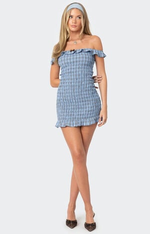 Off Shoulder Scrunched Plaid Mini Dress image number 5
