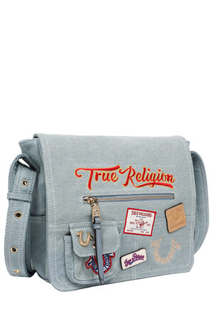 Blue Denim Multi Patch Messenger Bag image number 4