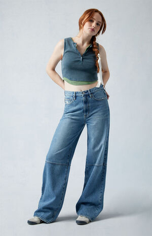 Eco Medium Indigo Paneled Mid Rise Baggy Jeans image number 1