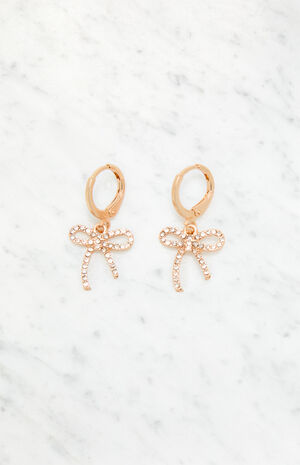 Rhinestone Bow Drop Huggie Earrings image number 1
